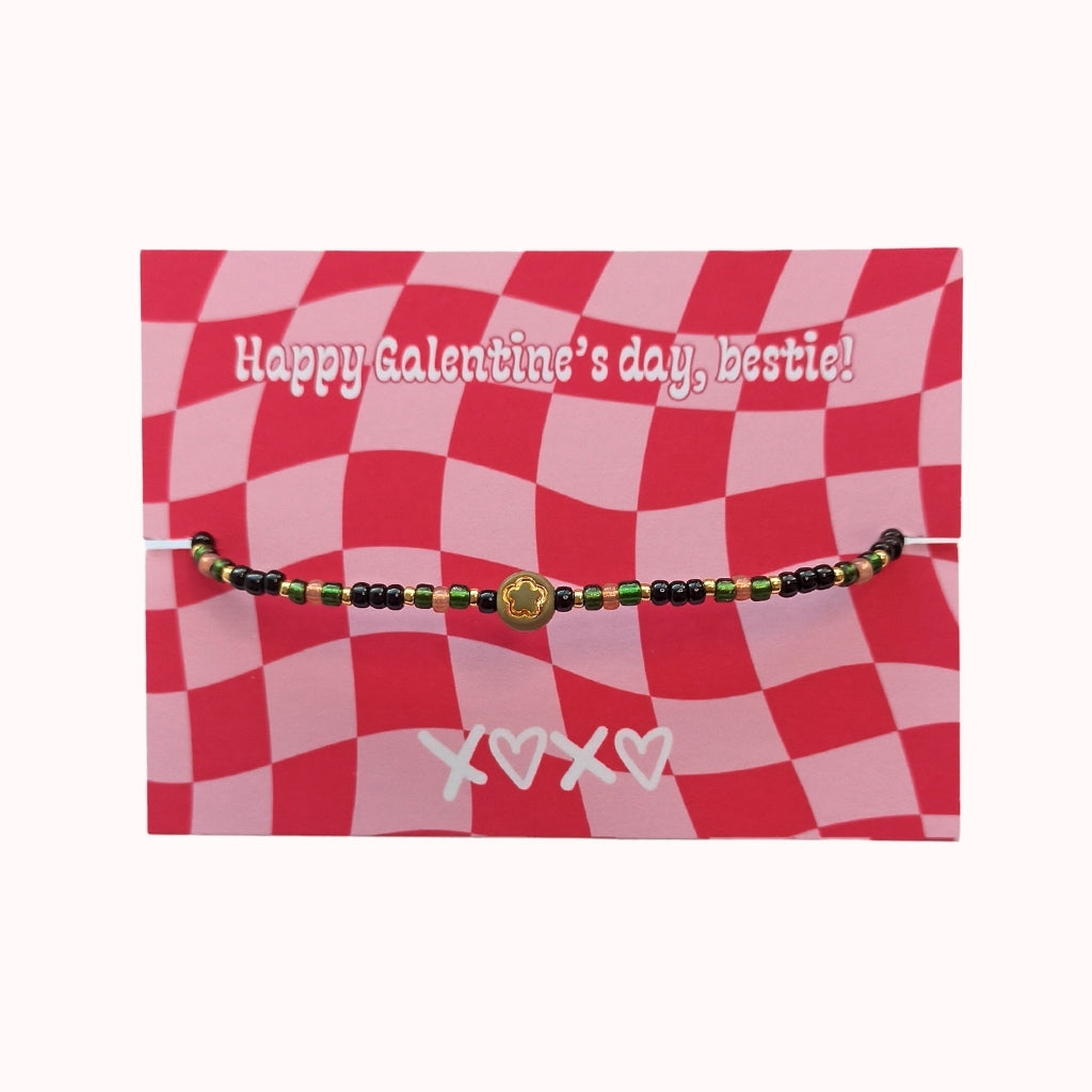 Sweetheart armband - Fijn armbandje met een bloemetje van goud - Olijfgroen & zwart