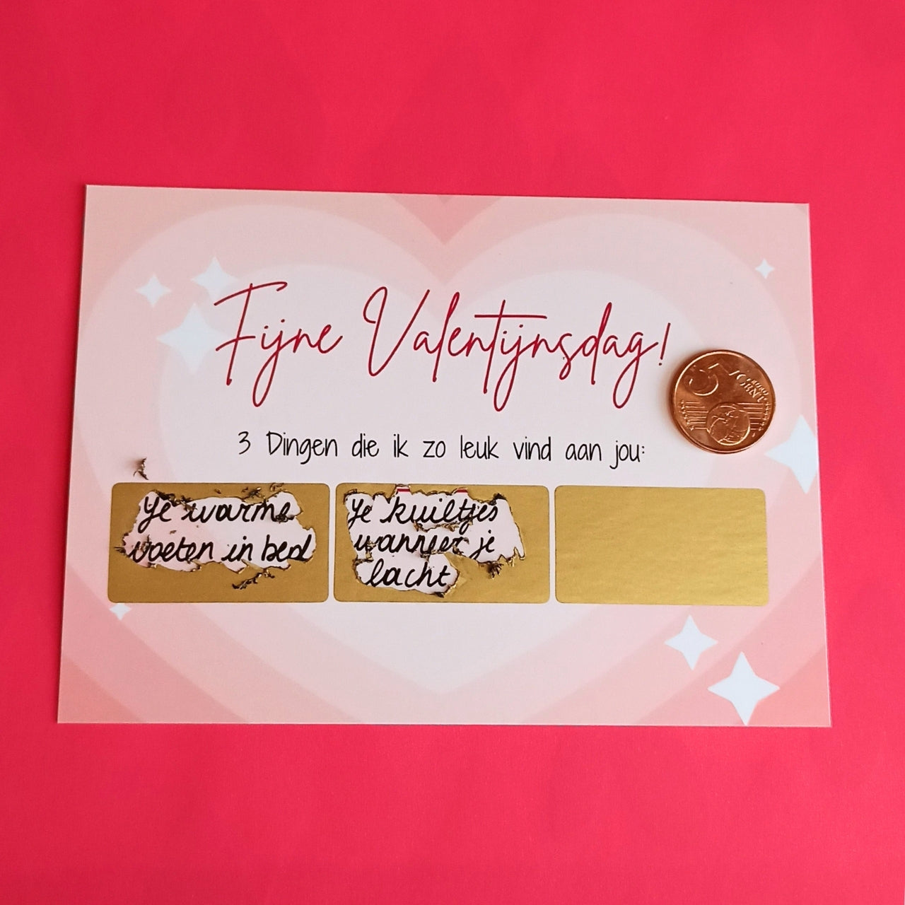 Kaart Valentijn "3 dingen die ik zo leuk vind aan jou" met krasstickers