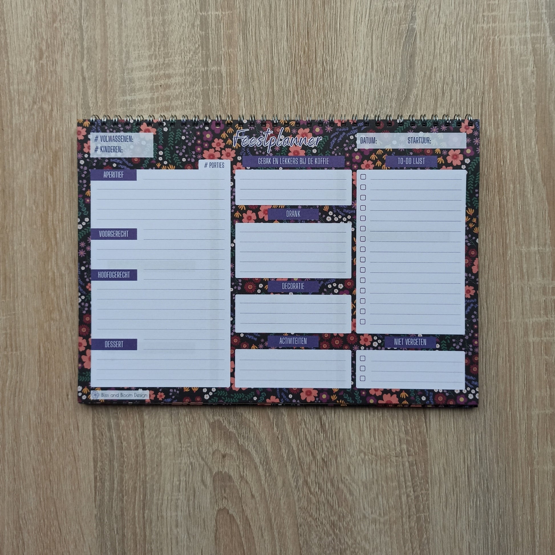 Feestplanner om per gang maaltijden te noteren inclusief to do lijstje. Noteer eenvoudig hoeveel gasten er komen en hoeveel porties je nodig hebt van elk gerecht. 