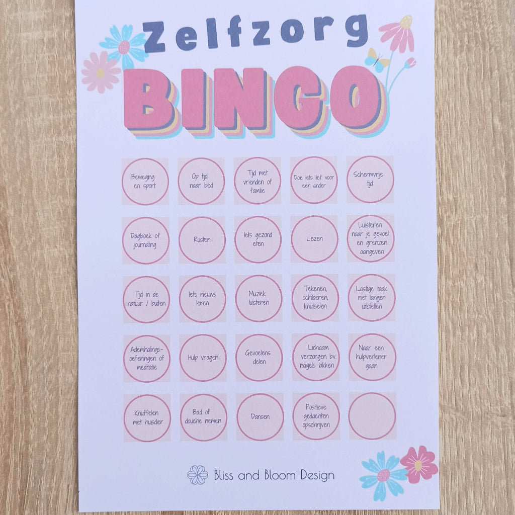 Zelfzorg bingoformulier met acties voor selfcare en mentaal welzijn