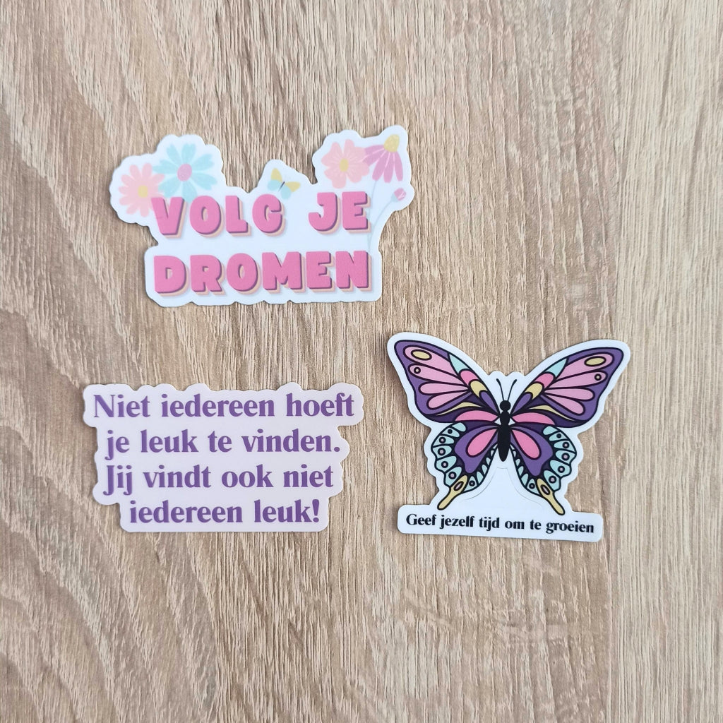 3 vinylstickers over persoonlijke groei met quotes: Volg je dromen; Niet iedereen hoeft je leuk te vinden. Jij vind ook niet iedereen leuk!; jGeef jezelf tijd om te groeien. 