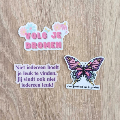 3 vinylstickers over persoonlijke groei met quotes: Volg je dromen; Niet iedereen hoeft je leuk te vinden. Jij vind ook niet iedereen leuk!; jGeef jezelf tijd om te groeien. 