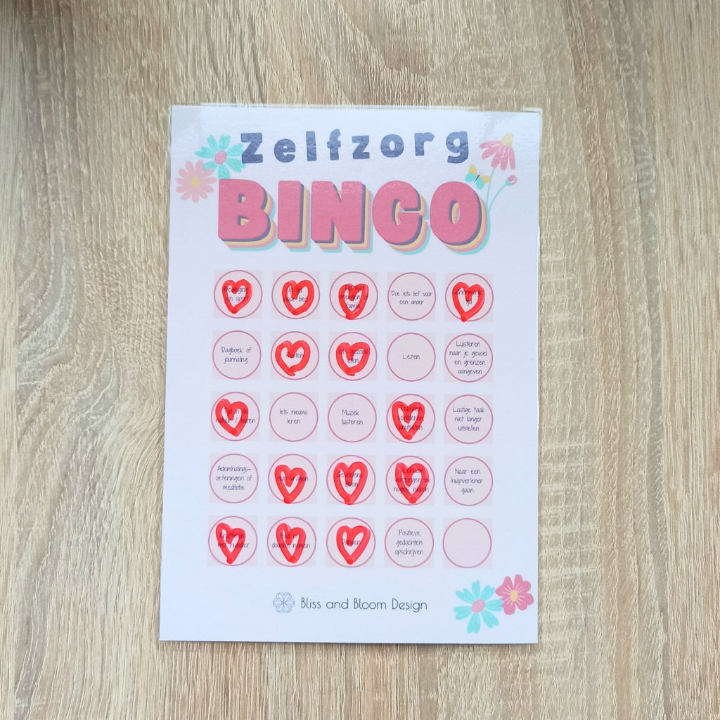 Zelfzorg bingoformulier met selfcare acties. 