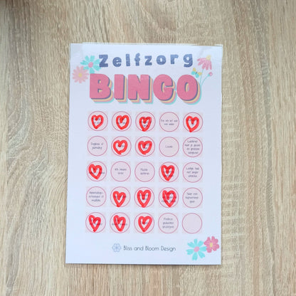 Zelfzorg bingoformulier met selfcare acties. 